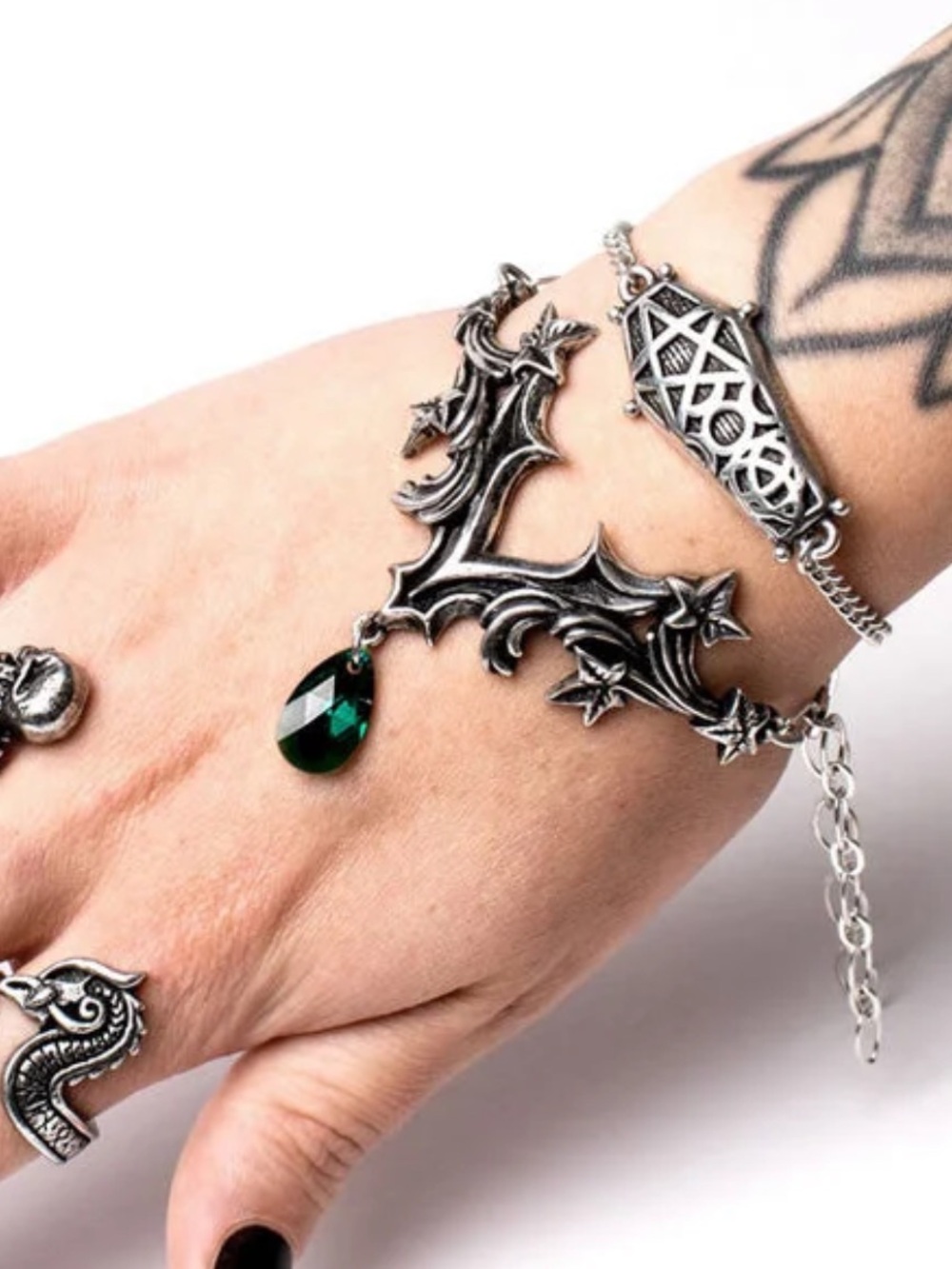 Gothic Pewter Ivy Bracelet with Emerald Teardrop Charm